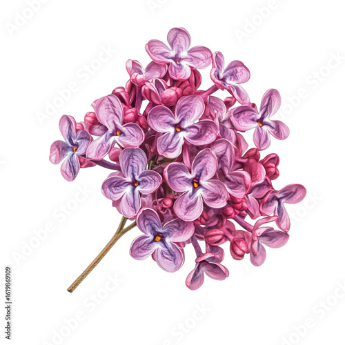 Delicate cluster of pink and purple lilac flowers isolated on transparent background