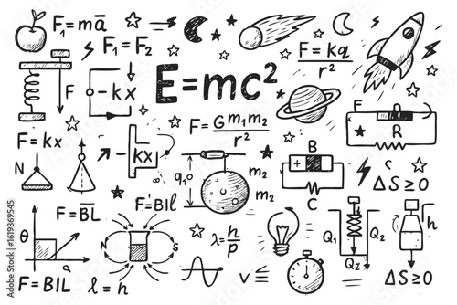 Hand-drawn physics doodles. Vector sketch set of formulas, science symbols and space elements