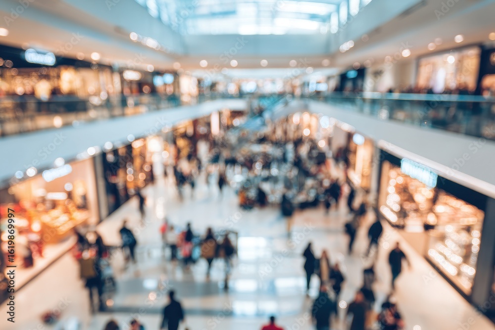 Fototapeta premium Blurred view of bustling multi-level mall