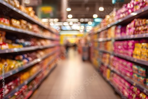 Wallpaper Mural Blurred supermarket aisle with colorful snacks Torontodigital.ca