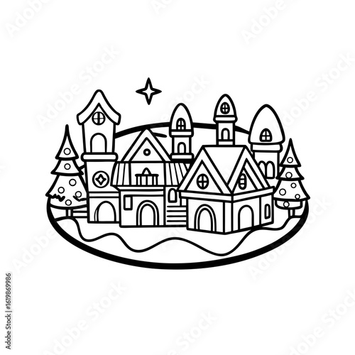 village lights in winter coloring page outline