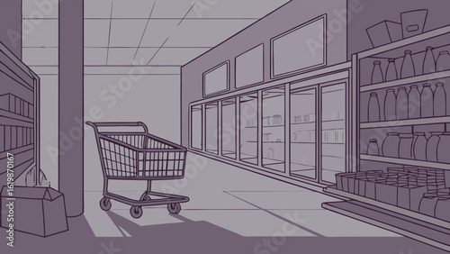A solitary shopping cart sits in a dimly lit grocery store aisle surrounded by shelves of products and refrigerated display cases