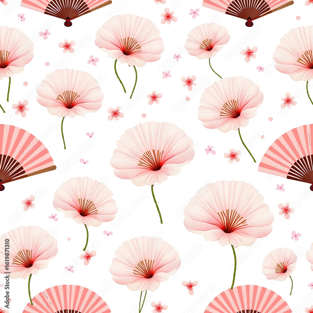 Fototapeta Pink Floral Pattern with Japanese Fans