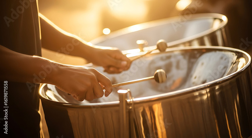 Close-up of a musician's hands playing a traditional steel pan drum with mallets, illuminated by warm golden hour light.