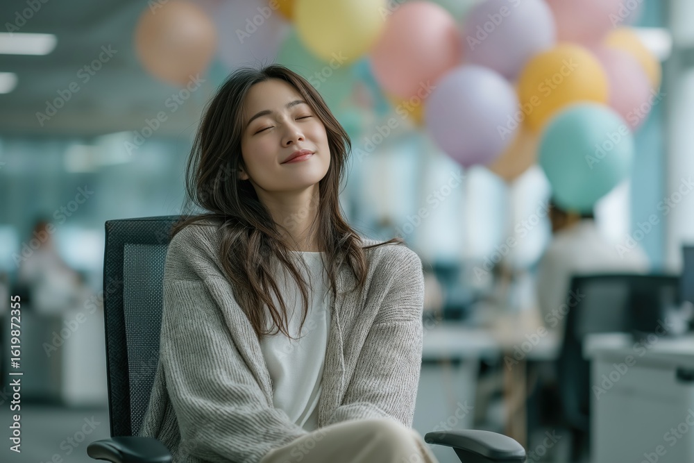 Asian woman relaxing in office chair surrounded by colorful balloons, celebration Asian woman relaxing in office chair surrounded by colorful balloons, celebration