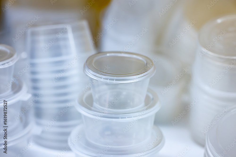 Clear plastic food storage containers with lids, photographed in a realistic style on a white background, representing food packaging concept Clear plastic food storage containers with lids, photographed in a realistic style on a white background, representing food packaging concept