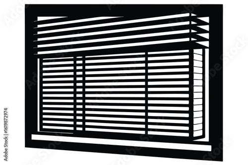 Black and white illustration of horizontal window blinds, some partially open for light
