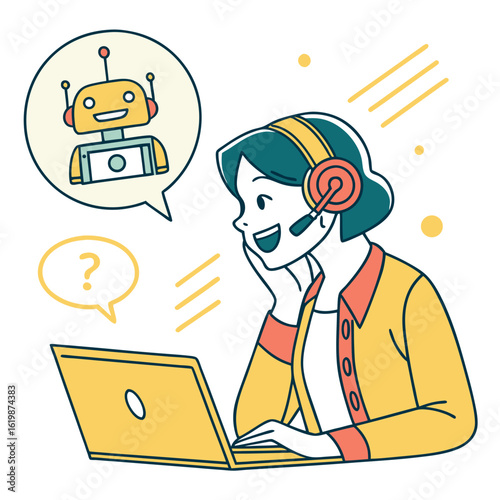Customer service agent interacting with a chatbot on a laptop isolated on transparent background