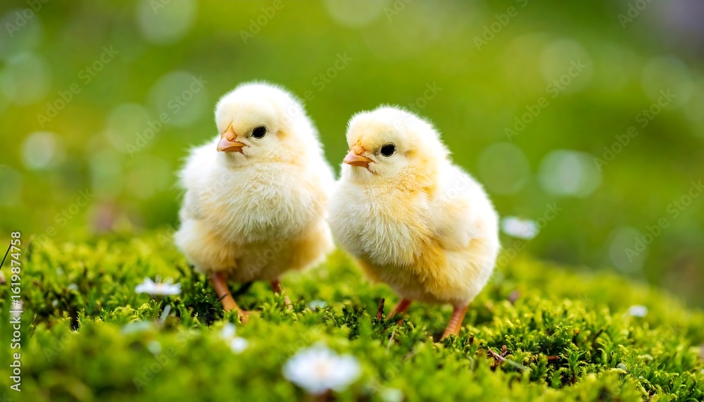 Fototapeta premium Two baby chicks in a grassy area