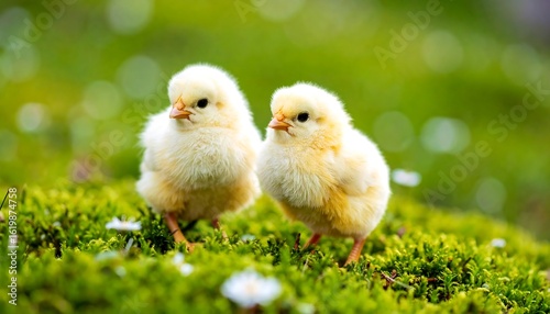 Fototapeta Naklejka Na Ścianę i Meble -  Two baby chicks in a grassy area