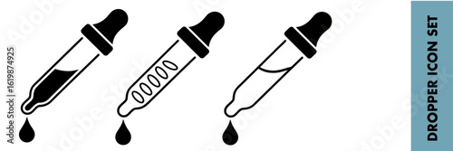 Illustration of various dropper icons for medical and cosmetic use with liquid droplets falling down