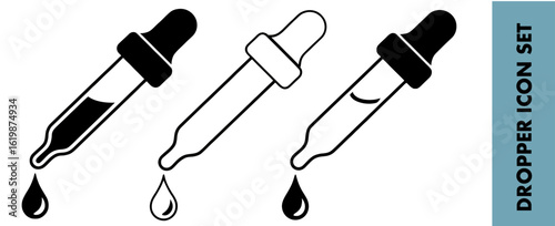 Illustration of various dropper icons for medical and cosmetic use with liquid droplets falling down