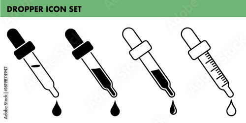 Illustration of various dropper icons for medical and cosmetic use with liquid droplets falling down
