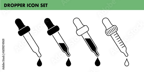 Illustration of various dropper icons for medical and cosmetic use with liquid droplets falling down