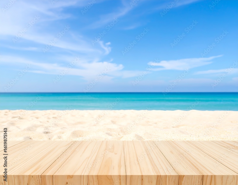 Fototapeta premium Empty wooden deck over sandy beach, clear blue sky