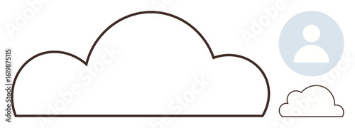 Large and small cloud outlines with a circular user profile icon. Ideal for data, digital files, online sharing, productivity, connectivity, internet, security. Clean simple flat metaphor
