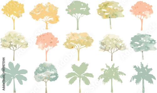 Watercolor illustration of softly painted trees in muted pastel tones, arranged in two rows on a white background with airy composition

