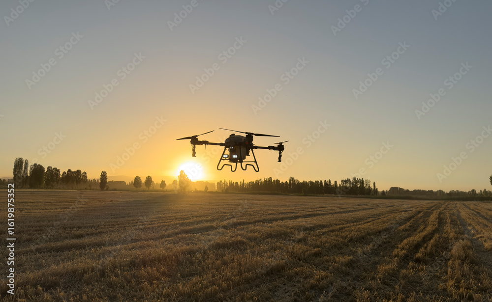 Sustainable Agriculture Practices: Spraying with Drones at Sunset Sustainable Agriculture Practices: Spraying with Drones at Sunset