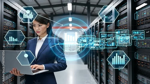 Asian it professional analyzing data center performance with advanced visualization, improving