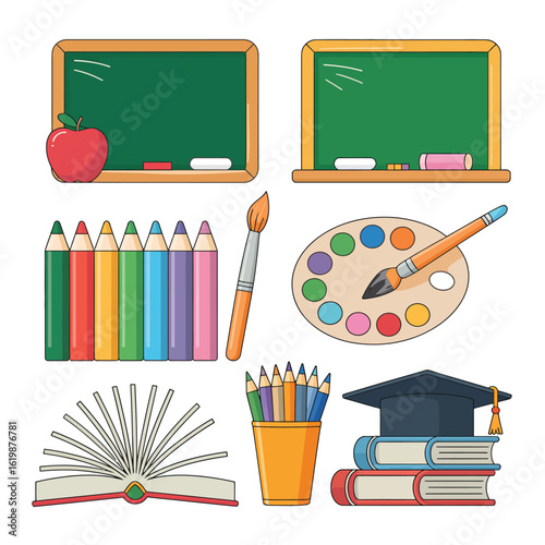 Collection of colorful school supplies and educational items for learning