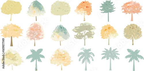 Watercolor illustration of softly painted trees in muted pastel tones, arranged in two rows on a white background with airy composition

