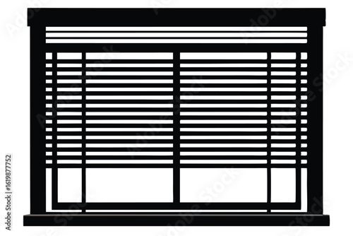 Graphic window image black frame, closed blinds, visible window sill and headrail