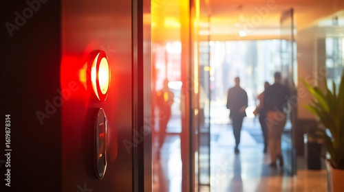 Fire alarm in a high rise building lobby with people entering and exiting capturing the importance of fire alarms in urban apartment complexes