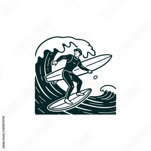 Vibrant surfing logo with wave and board elements.