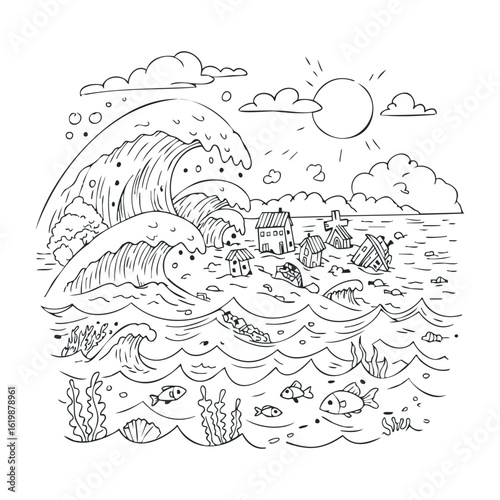 Black and white ocean wave drawing with fish and houses in turbulent sea. Vector illustration