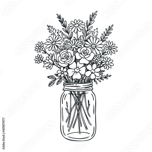 Charming wildflower bouquet in mason jar line art drawing. Vector illustration