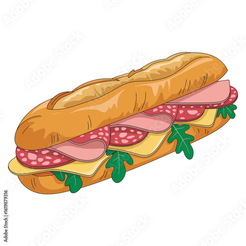 Delicious sub sandwich with ham salami cheese and greens on a white background