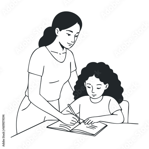 Caucasian female adult teaching caucasian child writing in a notebook for learning. Vector illustration