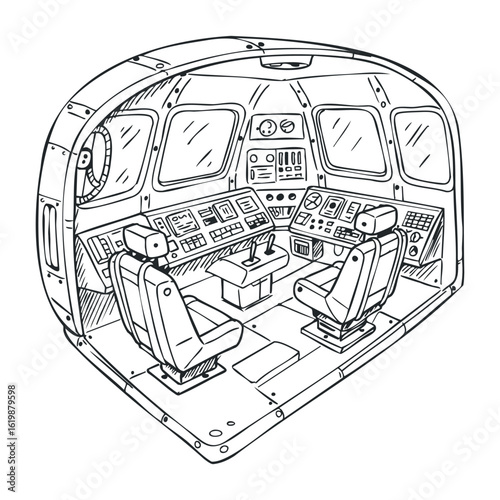 Cockpit interior line drawing with detailed controls and seating arrangement. Vector illustration