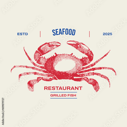 Realistic traditional ink drawing crab for label, logo, poster, tattoo. Seafood vintage retro print, crawfish sketch grainy texture, grunge. Fish artwork. Vector illustration. Stipple photocopy effect