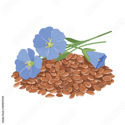 Flax seeds with delicate blue flax flowers and green stems on a white background
