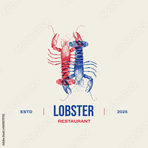 Realistic traditional ink drawing lobster for label, logo, poster, tattoo. Seafood vintage retro print, fish, crawfish sketch grainy texture, grunge. Vector illustration. Stipple photocopy effect