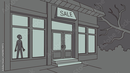 A solitary shadowy figure stands in the window of a closed store with a prominent sale sign hinting at an eerie abandoned atmosphere