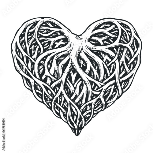 Heart shaped tree roots design in detailed black and white illustration. Vector illustration