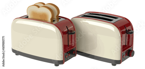 Retro style cream and red toaster with toast in one slot