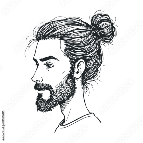 Sketch of a young caucasian male with beard and man bun hairstyle. Vector illustration