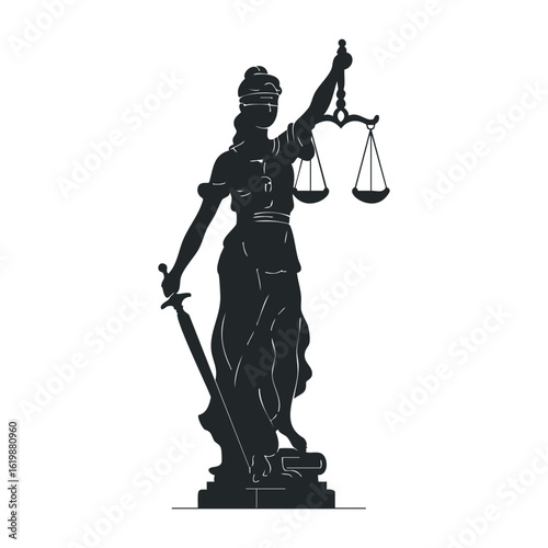 Silhouette of lady justice holding scales and sword. Vector illustration