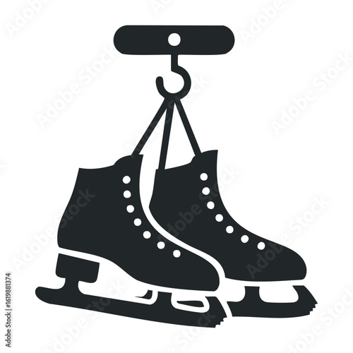Black silhouette of hanging ice skates on hooks. Vector illustration