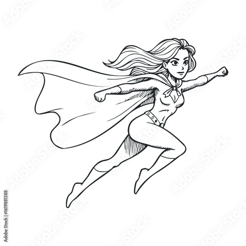 Female superhero character sketch in dynamic flying pose with flowing cape. Vector illustration