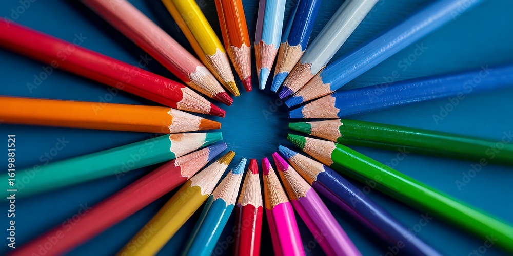 Radiant Circle of Colored Pencils on Blue Background Showcasing Symmetry, Vibrant Spectrum and Creative Artful Composition Radiant Circle of Colored Pencils on Blue Background Showcasing Symmetry, Vibrant Spectrum and Creative Artful Composition