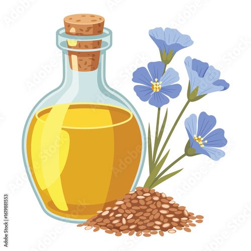 Glass bottle of golden flaxseed oil with flax flowers and seeds