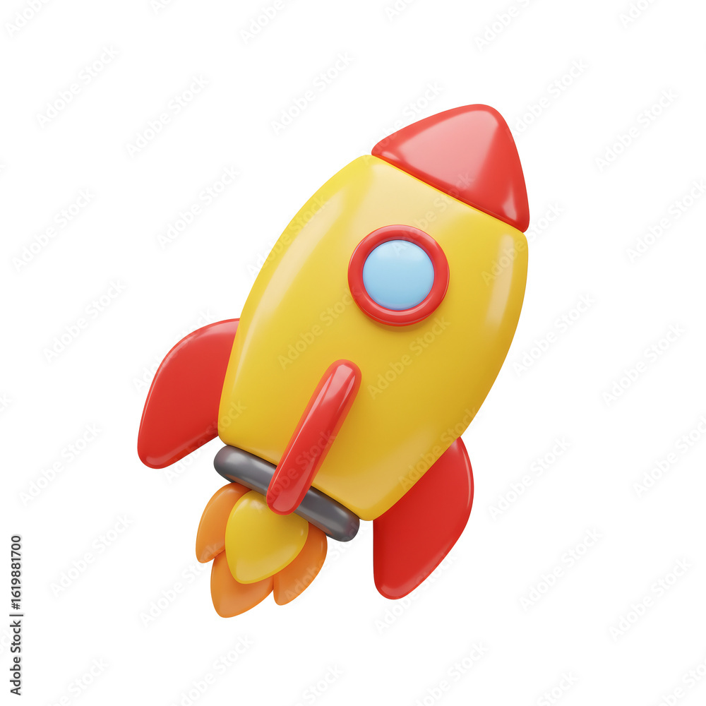 Fototapeta premium Yellow and red cartoon rocket ship launching isolated on transparent background
