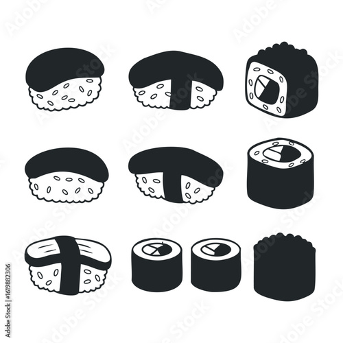 Assorted sushi icons: nigiri and maki in black and white vector design. Vector illustration