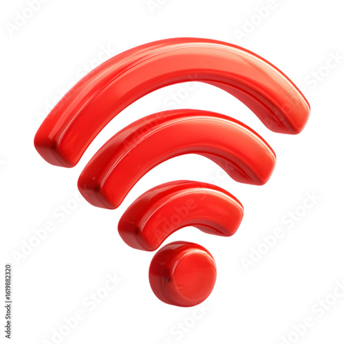 Vibrant glossy red three dimensional wi fi symbol emitting signal waves representing wireless internet connectivity and technology isolated on transparent background
