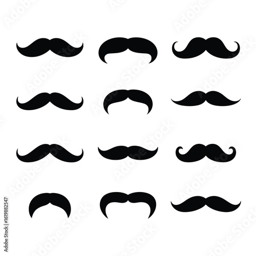 Collection of diverse black mustache styles on a white background