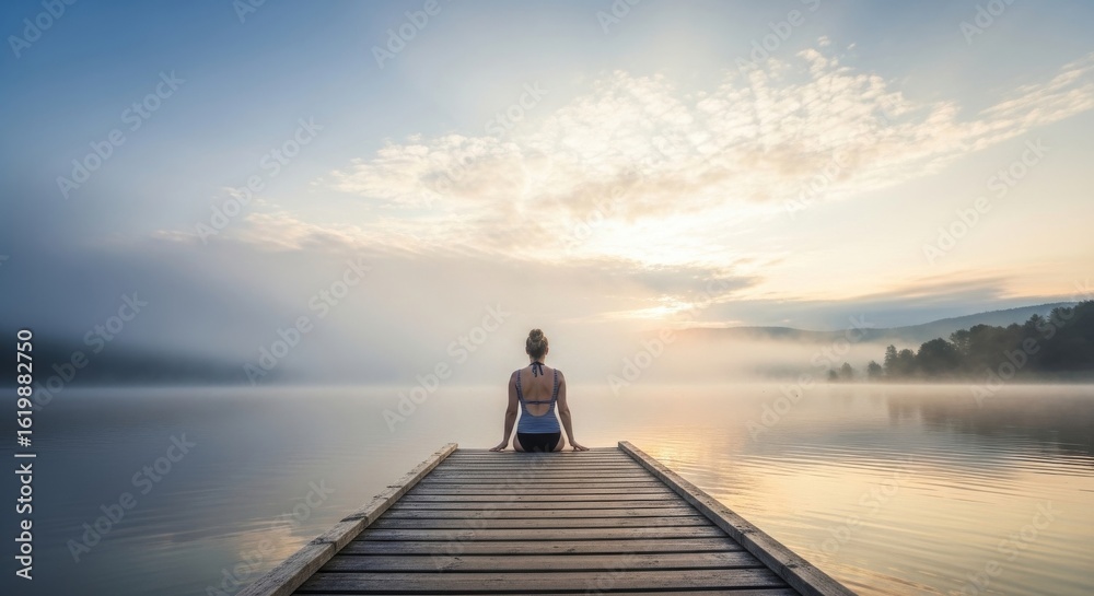 Fototapeta premium Serene Moment on Dock at Sunrise Over Calm Lake with Mist